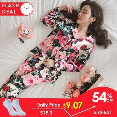 JULY'S SONG Women Pajamas Faux Silk Sleepwear Satin Pajamas Set Flower Print Long Sleeves 2 Piece Autumn Winter Homewear
