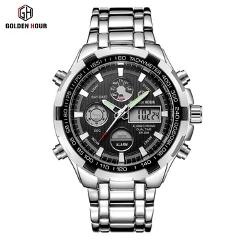 GOLDENHOUR Luxury Brand Waterproof Military Sport Watches Men Silver Steel Digital Quartz Analog Watch Clock Relogios Masculinos