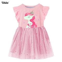 VIKITA Girls Summer Dress Flare Sleeve Girls Tutu Dresses Kids Unicorn Princess Dress Children Costumes for Kids Cotton Clothes