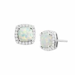 Created White Opal & Sapphire Cushion Stud Earrings in Sterling Silver