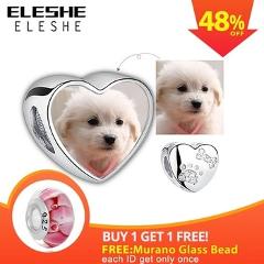 ELESHE 925 Sterling Silver Pet Paw Print Heart Custom Photo Charms Beads Fit Pandora Bracelet Necklace DIY Personalized Jewelry