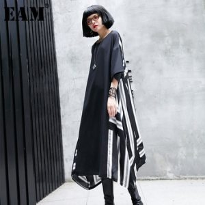 [EAM] 2019 New Spring Summer Round Neck Three-quarter Sleeve Black Back Striped Printed Irregular Hem Dress Women Fashion JO481