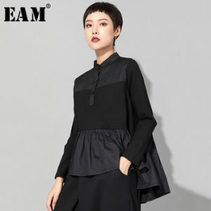 [EAM] 2019 New Spring Summer Stand Collar Long Sleeve Black Loose Hem Pleated Stitch Irregular T-shirt Women Fashion Tide JQ016