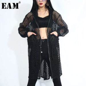 [EAM] 2019 New Spring Summer Hooded Long Sleeve Black Grid Personlaity Loose Big Size Jacket Women Coat Fashion Tide QD36