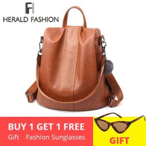 HERALD FASHION Quality Leather Anti-thief Women Backpack Large Capacity Hair Ball School Bag for Teenager girls Male Travel Bags