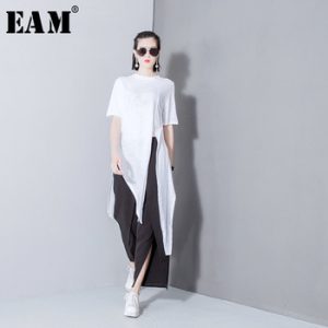 [EAM] 2019 Spring Fashion New Solid Color Split T Shirt Korean Loose Modal Irregular T Shirts Tops Thin Woman T29800