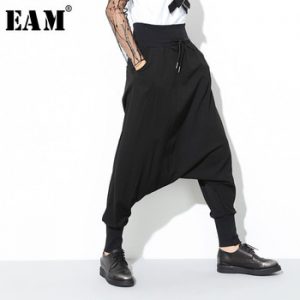 [EAM] 2019 Spring New Fashion Black Solid Drawstring Pockets Causal Loose Big Size Women High Waist Harem Pants RA224