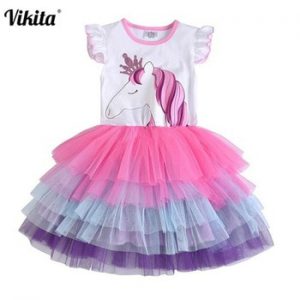 VIKITA Girls Unicorn Tutu Dress Kids Sequined Princess Vestido Girls Birthday Party Dress Children Summer Unicorn Costumes