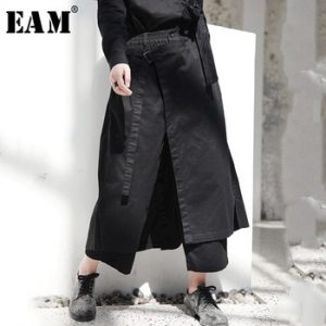 [EAM] 2019 New Spring High Elastic Waist Black Loose Vent Loose Long Wide Leg Pants Trousers Women Fashion Tide JI084