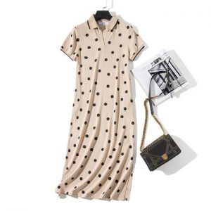 WOTWOY Summer Polo Shirt Dress Women Dot Print Plus Size Loose Cotton Maxi Dresses Pocket Short Sleeve Black Apricot Long Dress