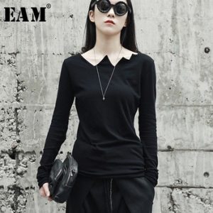 [EAM] 2019New Spring Summer  Black Long Sleeve Asymmetrical Collar Wild Slim Bottoming Shirt Women Fashion Tide Tops LA922