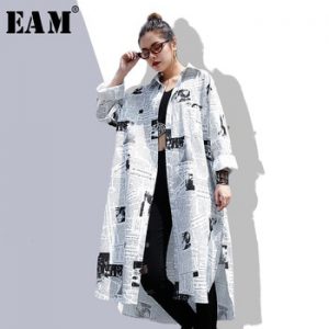 [EAM] 2019new Spring Summer  Lapel Long Sleeve White Printed Loose Irregular Big Size Long Shirt Women Blouse Fashion Tide JF008