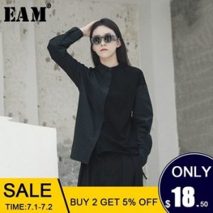 [EAM] 2019 New Spring Summer  Lapel Long Sleeve Hit Color Loose Brief Irregular Stitching Shirt Women Blouse Fashion Tide JH418