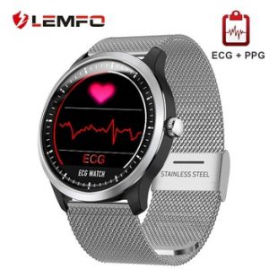 LEMFO Leather Metal Smart Watch ECG PPG Heart Rate Blood Pressure Monitoring Call Message Reminder IP67 Waterproof for Men Women