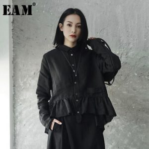 [EAM] New 2019 Spring Summer Lapel Long Sleeve White Lays Ruffles Split Joint Loose Shirt Women Blouse Fashion Tide JE82400S