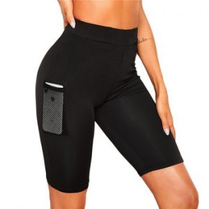 SweatyRocks Mesh Pocket Patched Solid Skinny Cycling Shorts Active Wear Women Biker Shorts 2019 Summer Casual Black Shorts