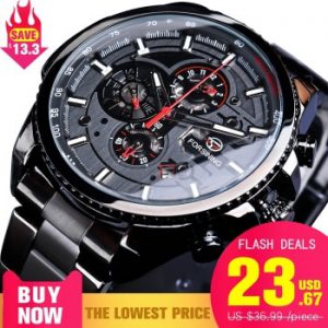 Forsining Three Dial Calendar Display Black Stainless Steel Men Automatic Wrist Watch Top Brand Luxury Military Sport Male Clock