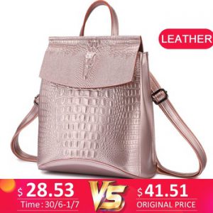 REALER backpack women split leather school bags for teenage girls travel backpack ladies shoulder bag crocodile prints pink