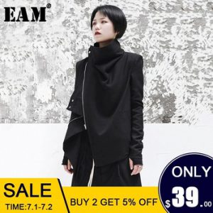 [EAM] 2019 New Spring Stand Collar Long Sleeve Black Zipper Split Joint Irregular Jacket Women Coat Fashion Tide JI102