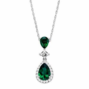 Created Emerald & White Sapphire Teardrop Pendant Rhodium-Plated Sterling Silver