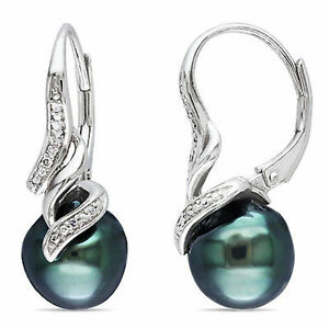 Sterling Silver Diamond 9-9.5 MM Black Tahitian Pearl swivel Leverback Earrings