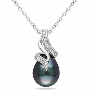 Sterling Silver Diamond 9-10 mm Black Tahitian Pearl Swirled Pendant Necklace 18