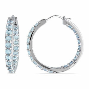 Aquamarine Inside-Outside Hoop Earrings in Sterling Silver by Amour