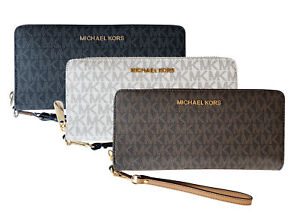 Michael Kors Jet Set Travel Continental Long Wallet Wristlet Brown Vanilla Black