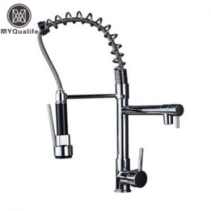 Chrome Finish Dual Spout Kitchen Sink Faucet Deck Mount Spring Kitchen Mixer Tap Kitchen Hot and Cold Water tap