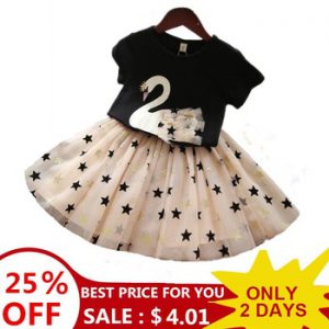 Girls Clothing Sets 2019 Summer Princess Girl Bling Star Flamingo Top + Bling Star Dress 2pcs Set Children Clothing Dresses