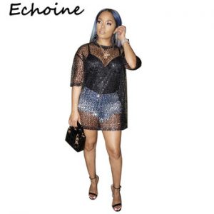 Echoine Casual T Shirt Femme Sequins Shining Black Color See Through Tops Summer Tops For Women 2019