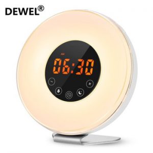 DEWEL LED Digital Alarm Clock Sunrise Wake Up Light Simulation Bedside Lamp Night Light Snooze/Sunset FM Radio Memory Function