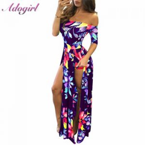 Women Plus Size S-5XL Floral Print Hobo Beach Long Dress Summer Elegant Off Shoulder Half Sleeve High Slit Party Dresses Vestido