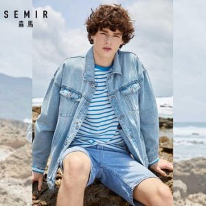 SEMIR denim Jackets men coat dark Blue Casual Teens Denim Jacket cotton Turn-down Collar Long Sleeve Denim Bomber jackets