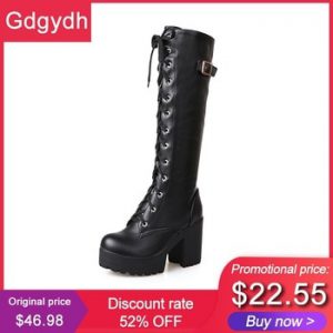 Gdgydh Hot Sale Spring Autumn Lacing Knee High Boots Women Fashion White Square Heel Woman Leather Shoes Winter Large Size 34-43