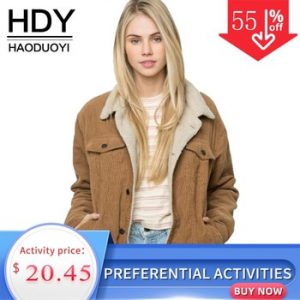 HDY Haoduoyi Winter Casual Brown Corduroy Long Sleeve Turn-down Collar Denim Jacket Single Breasted Basic Women Warm Cotton Coat