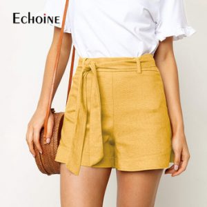 Casual Solid Color Cotton linen Shorts Women New Summer Casual Holiday Sashes Thin Loose Shorts Female High Waist Stylish Shorts