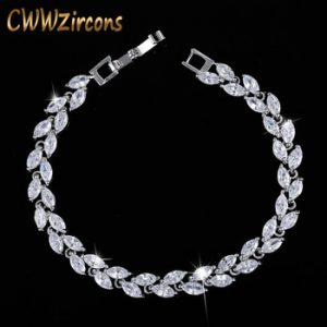 CWWZircons New Trendy 2019 Cubic Zirconia Jewelry Silver Color Leaf Charm CZ Crystal Female Bracelets Bangles for Women CB060