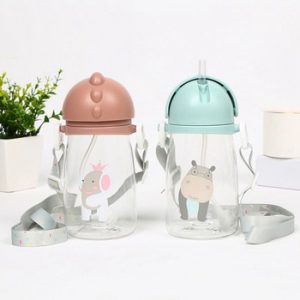 Baby Kids Children Cartoon Animal School Drinking Water Straw Bottle Straw Sippy Cup With Shoulder Strap 420ml