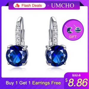 UMCHO 100% Real Silver 925 Jewelry Round Created Nano Sapphire Clip Earrings For Women Party Fashion Gift Charms Fine Jewelry