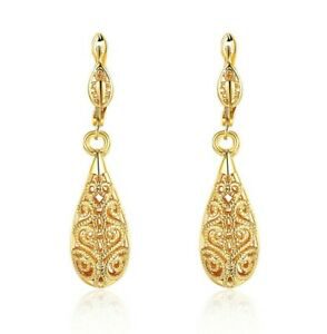 1.6" Drop Leverback Earrings 14k Yellow Gold Plated Crystal Cut ITALIAN MADE