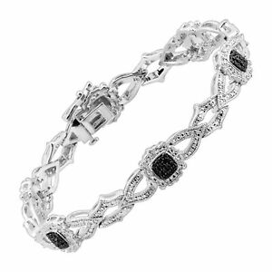 Station Bracelet with Black & White Diamonds in Sterling Silver-Plated Brass