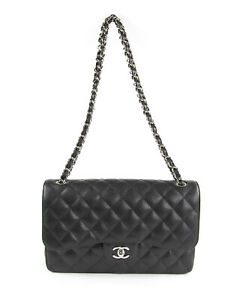 CHANEL Black Caviar Leather Jumbo Classic Flap Bag Silver Hardware $6