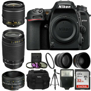 Nikon D7500 Digital SLR Camera + 18-55mm VR + 70-300mm + 50mm 1.8 + 32gb Top Kit