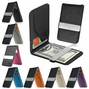 Mens Genuine Leather Silver Money Clip Slim Wallets Black ID Credit Card Holder