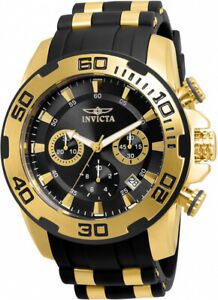 Invicta Men's Pro Diver Chrono 100m Gold Plated Case Black Silicone Watch 22312