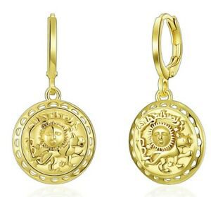 Aventura Sun and Lion Coin Drop Dangle Earrings in 14K Gold Plated ITALY