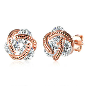 14K Rose Gold Love Knot Stud Earrings with Swarovski Crystals Made in ITALY