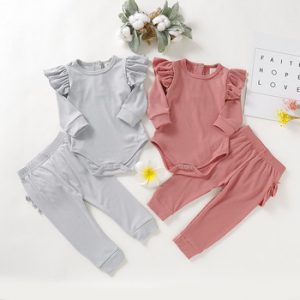 Soft Baby Girl Clothes 2Pcs Set Newborn Clothes Ruffle Sleeve Bodysuit+Comfortable Pants Infant Baby Set Toddler Boy Girl D20