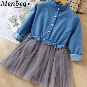 Menoea Girl Mesh Dress 2019 New Autumn Dresses Children Single-Breasted Clothing Cowboy Princess Dress Girl Denim Dresses